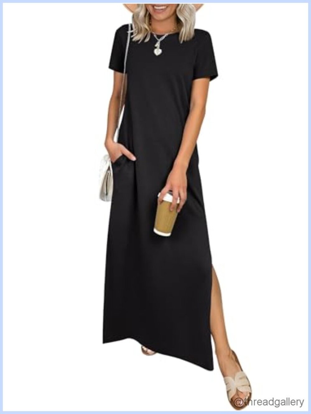 Womens Summer Maxi Dress Wrinkle Free Short Sleeve Side Slit Crewneck